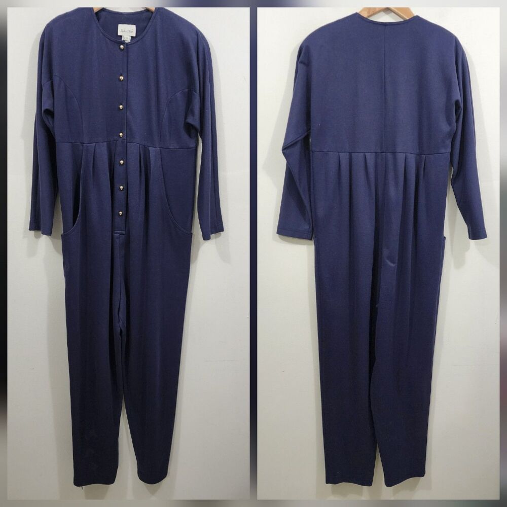 Mothers Work Vintage 80's Classic Knit Jumpsuit Navy Gold Button-down Womens 8 - Picture 2 of 16